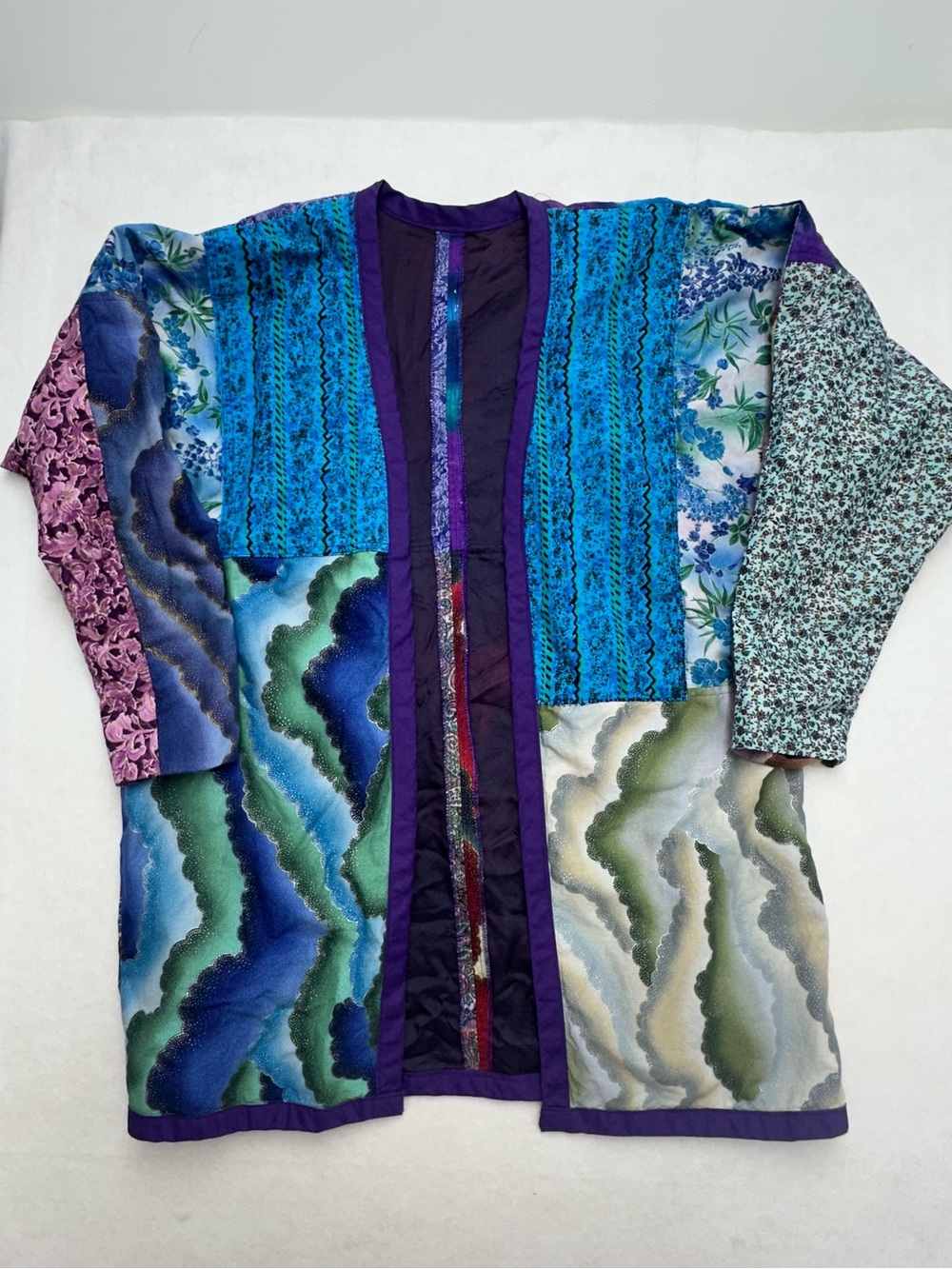VTG Artisan Handmade Patchwork Open Front Duster Jacket Boho Wearable Art XXL